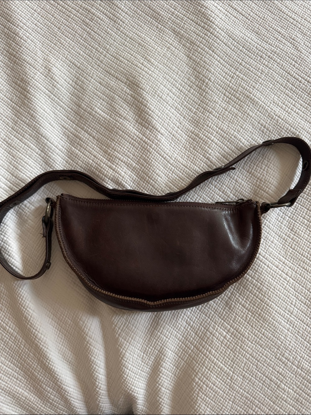 Women's Dark Brown Leather Crossbody Fanny Pack. This is Espresso Bee